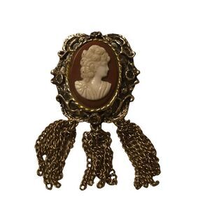 Vintage Gold Tone Brass With White On Red Glass Cameo Brooch With Tassels